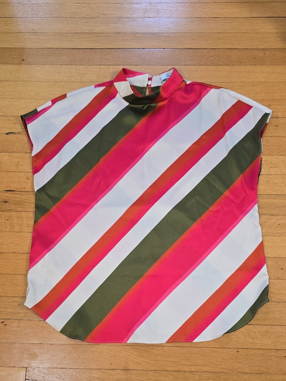 MNG Diagonal Stripe Satin Mock Neck Sleeveless Blouse Pink Multi EUC Women's 6